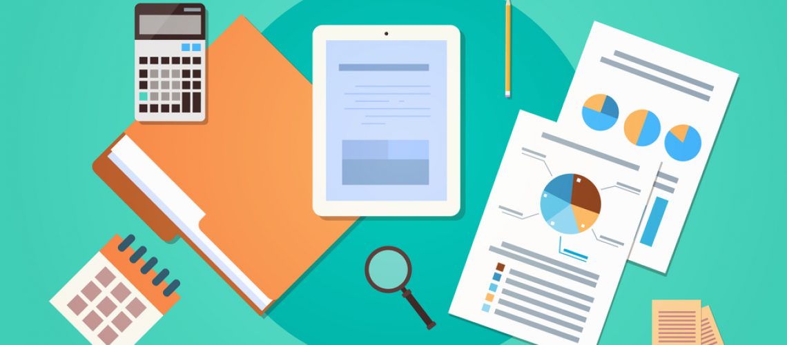 Workplace Desk Top Angle View Tablet Computer With Paper Documents Reports Finance Graph Flat Vector Illustration